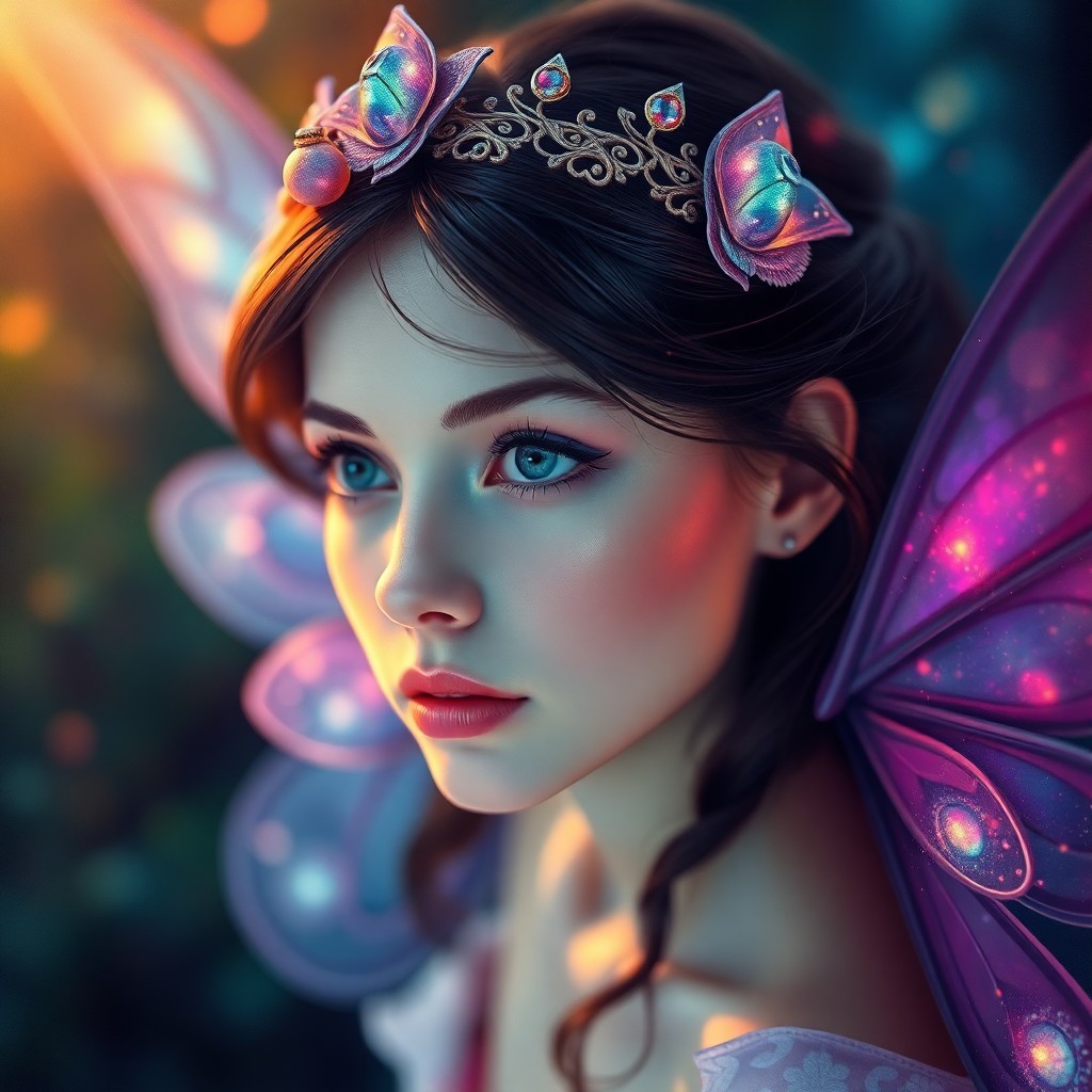 AI generated art for prompt: A mesmerizing portrait in the enchanting style of oil painting, featuring a whimsical fairy queen wi