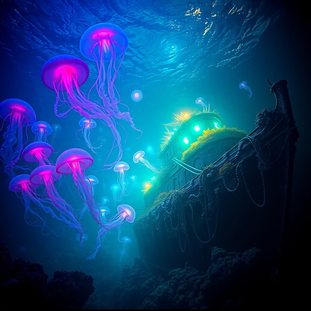 AI generated art for prompt: An enigmatic underwater landscape unfolds from the ocean's depths, reminiscent of surrealistic maste