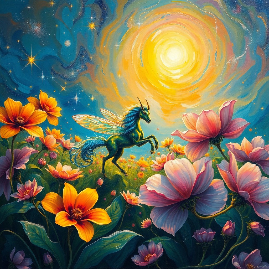 AI generated art for prompt: A mesmerizing oil painting captures a whimsical scene from an insect's perspective, with vibrant swi