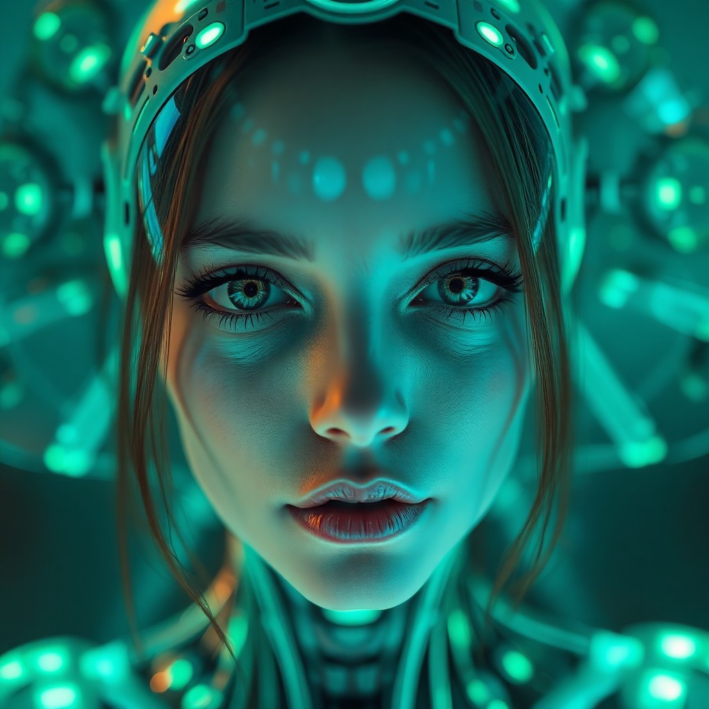 AI generated art for prompt: Create an image that merges surrealism with cyberpunk bioluminescent textures, portraying a close-up