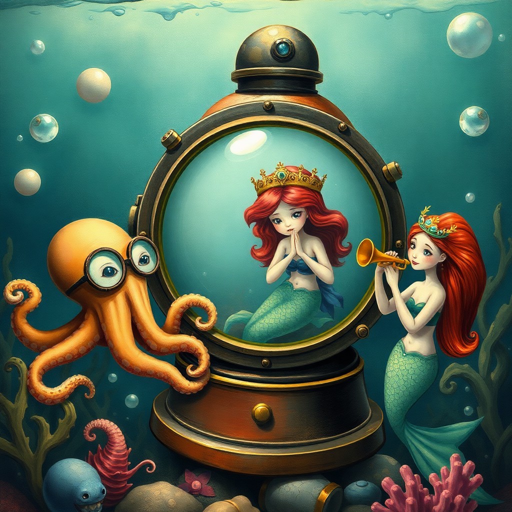 AI generated art for prompt: Craft an enchanting underwater scene reminiscent of vintage children's book illustrations. Within th