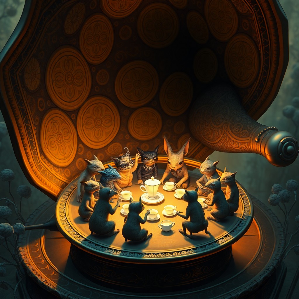 AI generated art for prompt: A surreal digital art scene illustrating an enchanting tea gathering situated within a grand, ornate