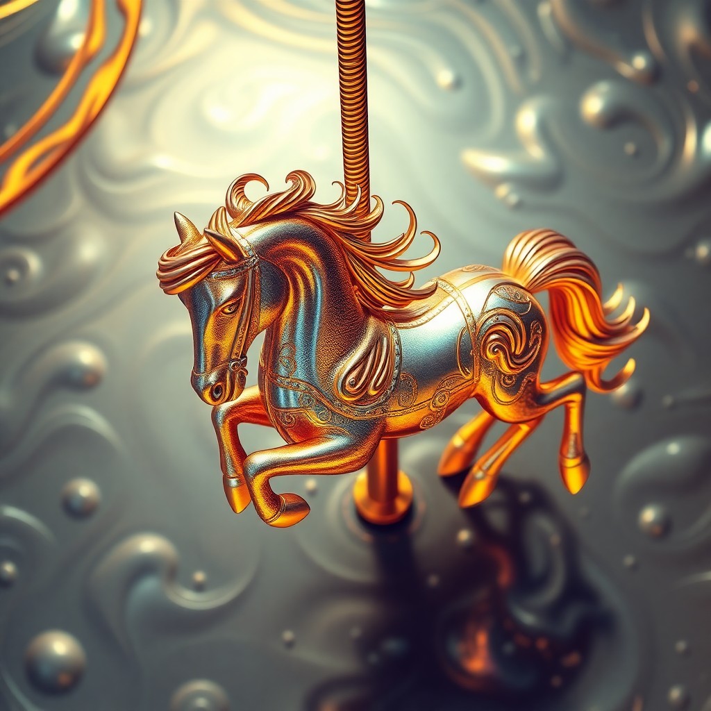 AI generated art for prompt: A captivating digital art composition depicting an enchanting carousel horse gleaming with iridescen