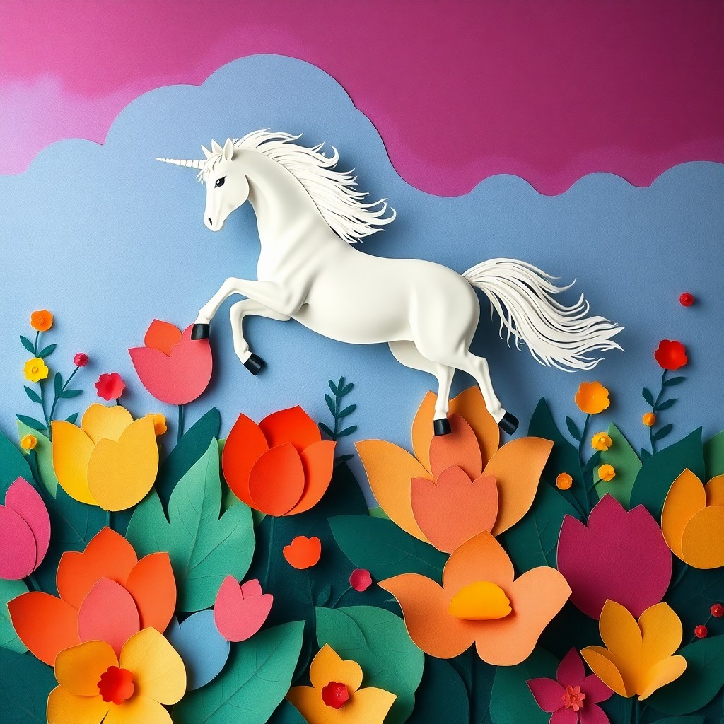 AI generated art for prompt: Create an enchanting scene featuring a majestic unicorn gracefully leaping over a whimsical garden c