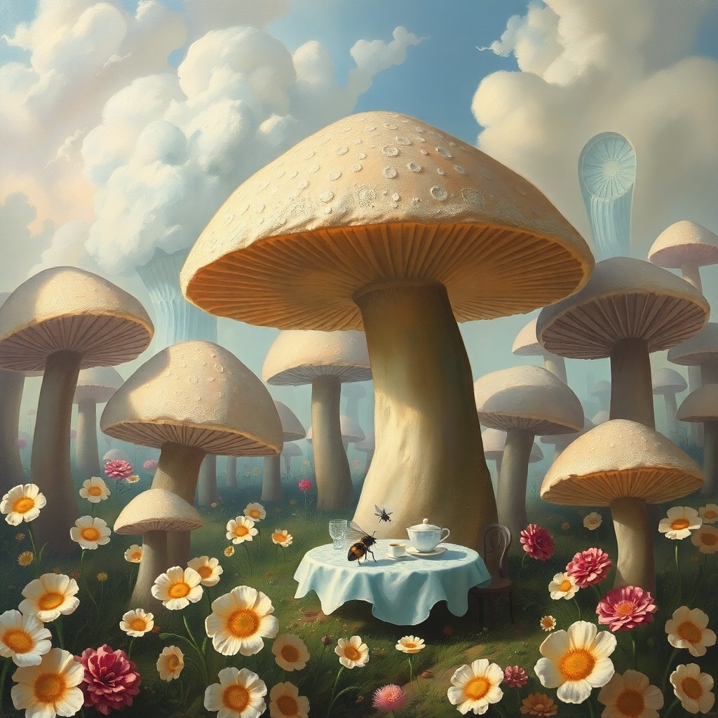 AI generated art for prompt: A dreamlike oil painting depicting a fantastical garden teeming with colossal mushrooms, their caps 