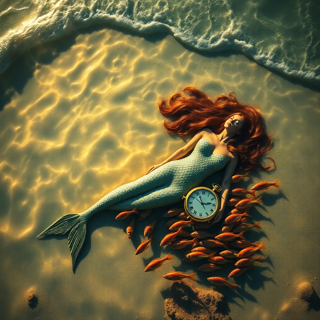 AI generated art for prompt: Craft an image that embodies surrealistic elements akin to Dali's work, portraying a tranquil mermai