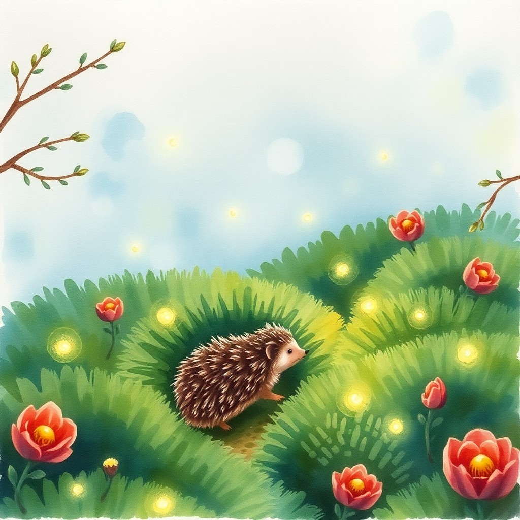 AI generated art for prompt: Imagine a whimsical watercolor scene depicting an adventurous hedgehog exploring a maze-like hedge g