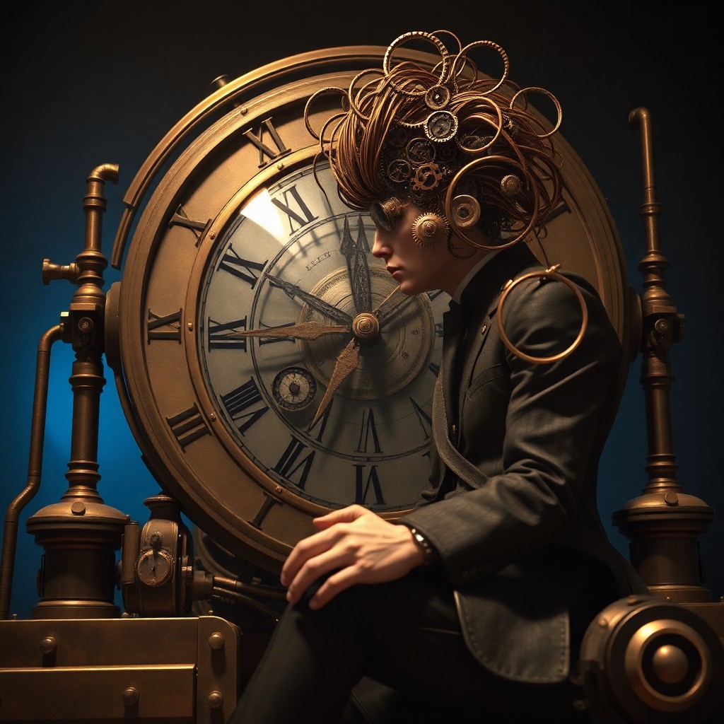 AI generated art for prompt: Imagine a surreal digital artwork portraying an enigmatic steampunk inventor seated before his intri