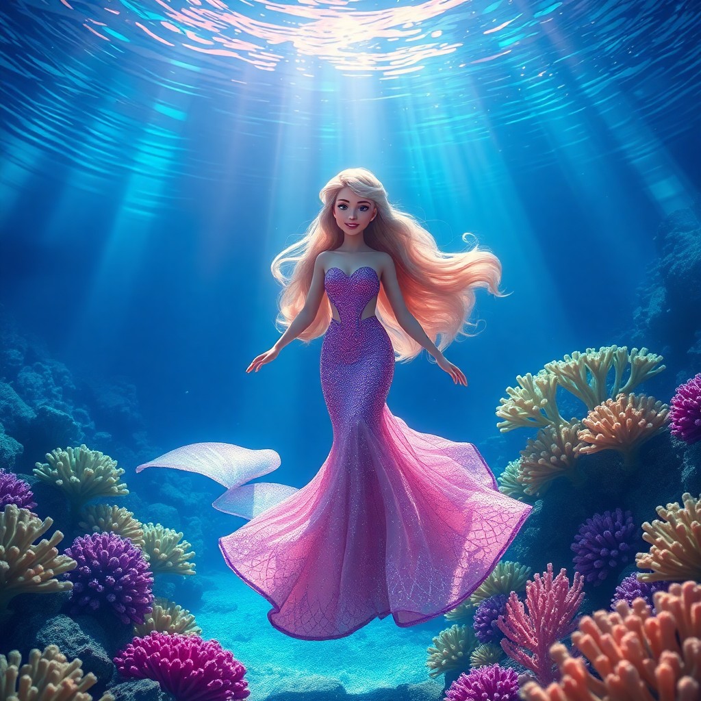 AI generated art for prompt: Envision an alluring underwater world reminiscent of classic Disney animation, where a mermaid princ