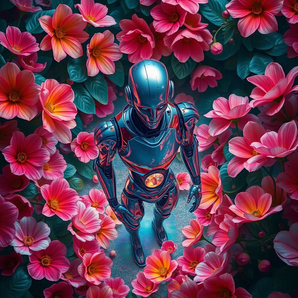 AI generated art for prompt: In this dreamlike surrealist scene, a futuristic android stands within an opulent garden, its metall