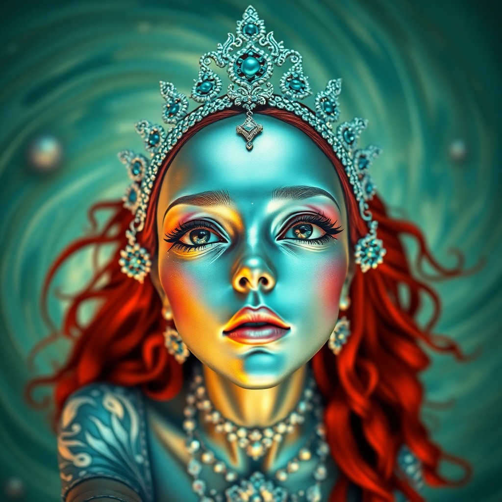 AI generated art for prompt: Imagine a whimsical portrait of an enigmatic aquatic royalty, her iridescent skin glimmering against
