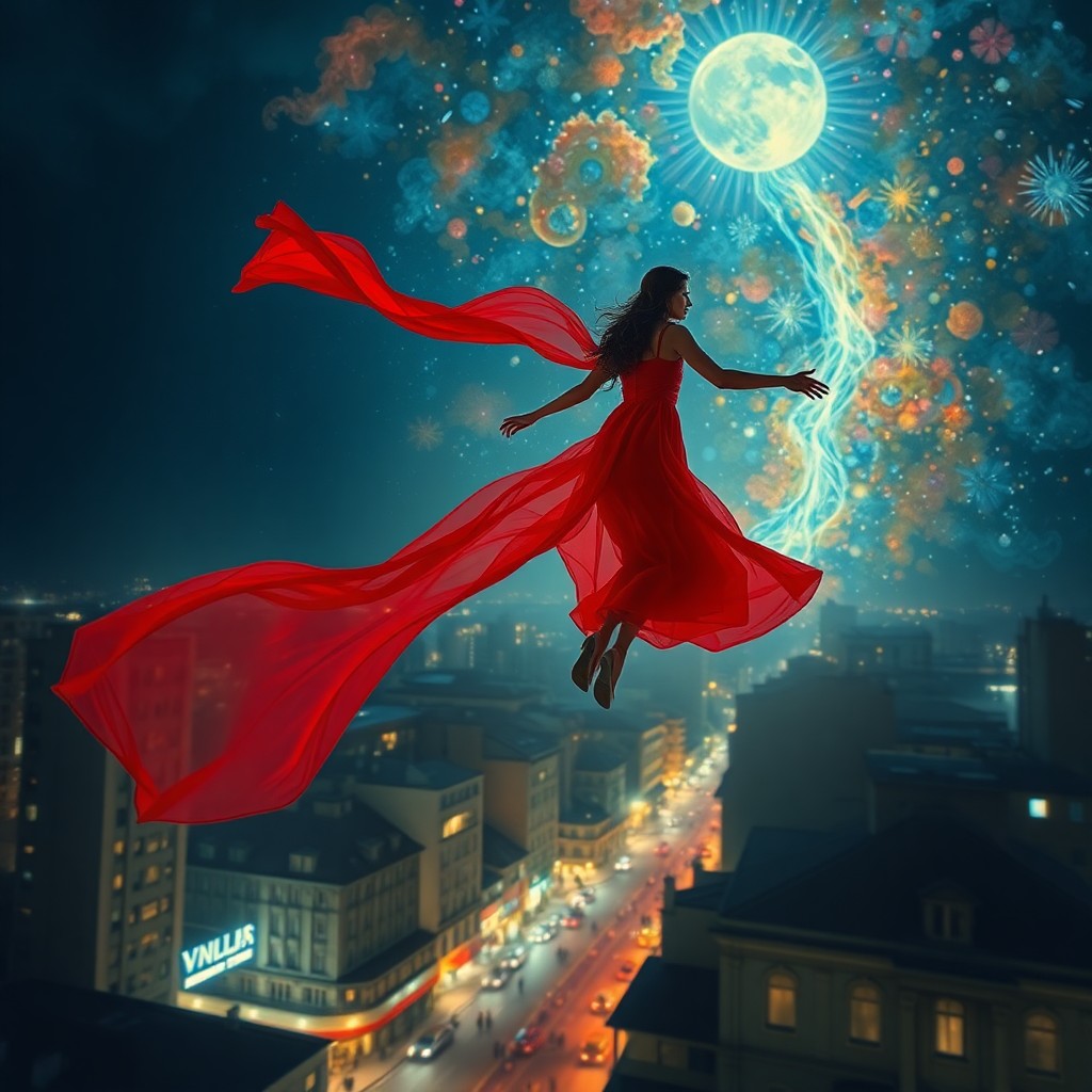 AI generated art for prompt: Imagine a dreamlike scene where a woman in a vibrant red dress floats above an urban landscape at ni