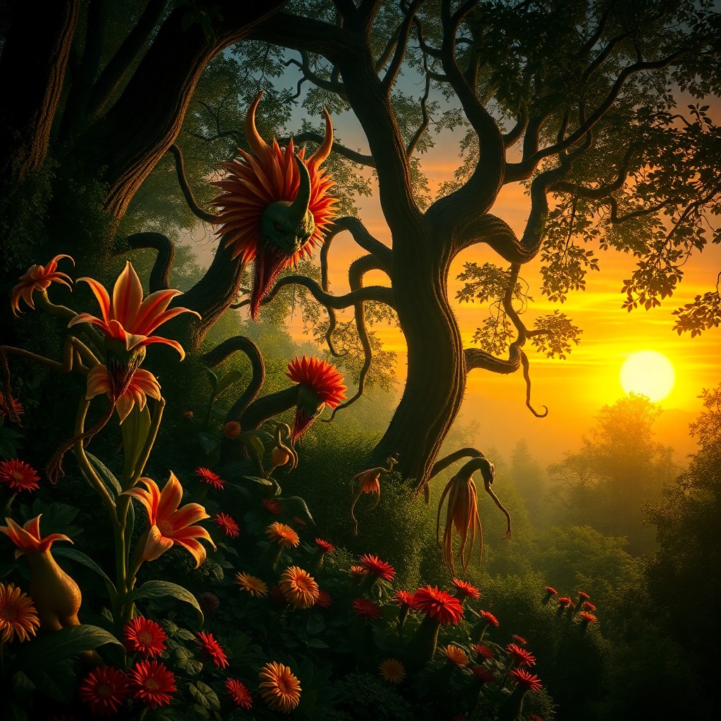 AI generated art for prompt: Craft an image depicting a surreal garden at twilight, reminiscent of Hieronymus Bosch's fantastical