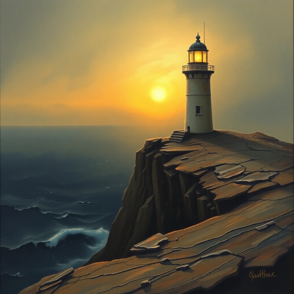 AI generated art for prompt: An evocative oil painting in the Romantic style portrays a solitary lighthouse perched on a barren c