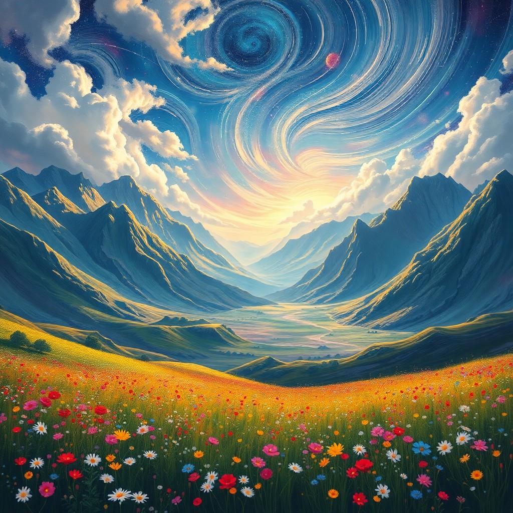 AI generated art for prompt: An awe-inspiring landscape unfolds from an extraordinary vantage point, fusing impressionistic strok