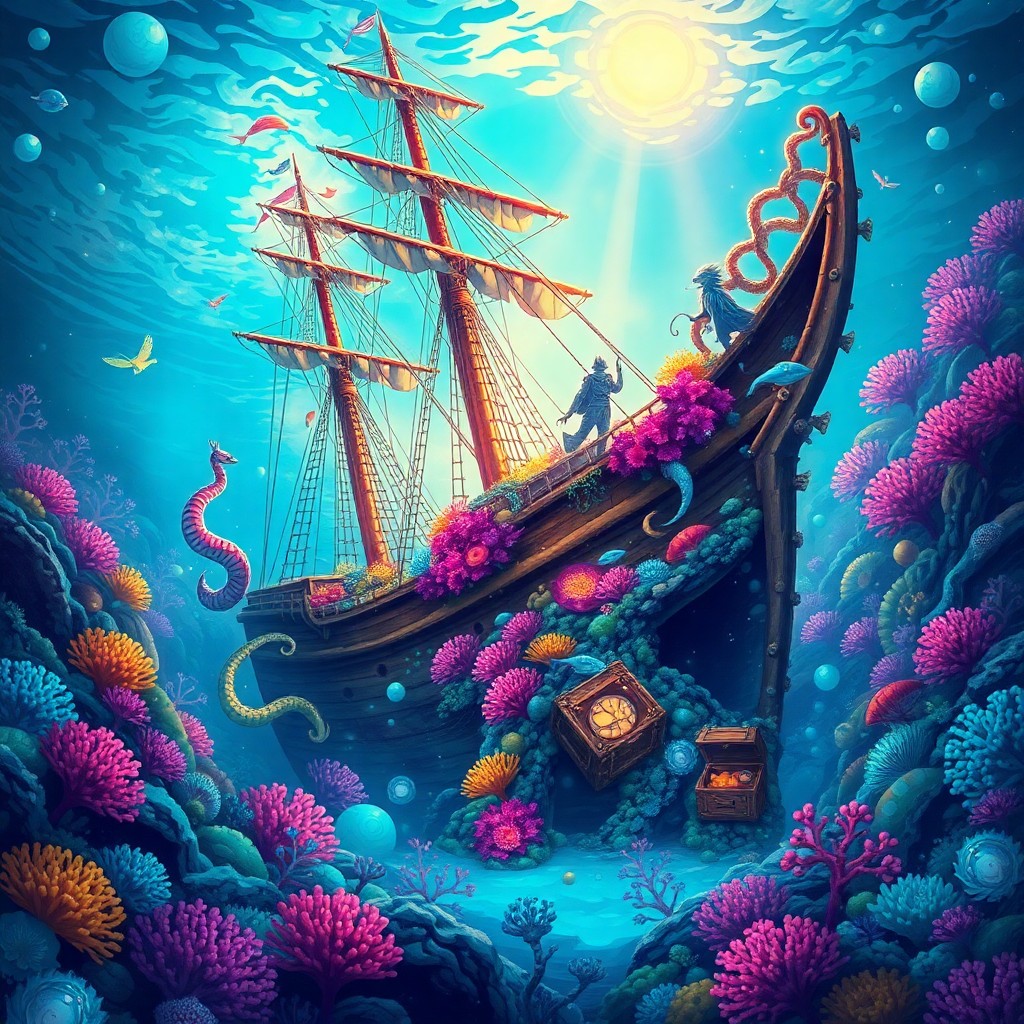 AI generated art for prompt: Envision an enchanting underwater realm where colorful coral gardens intertwine with the wreckage of