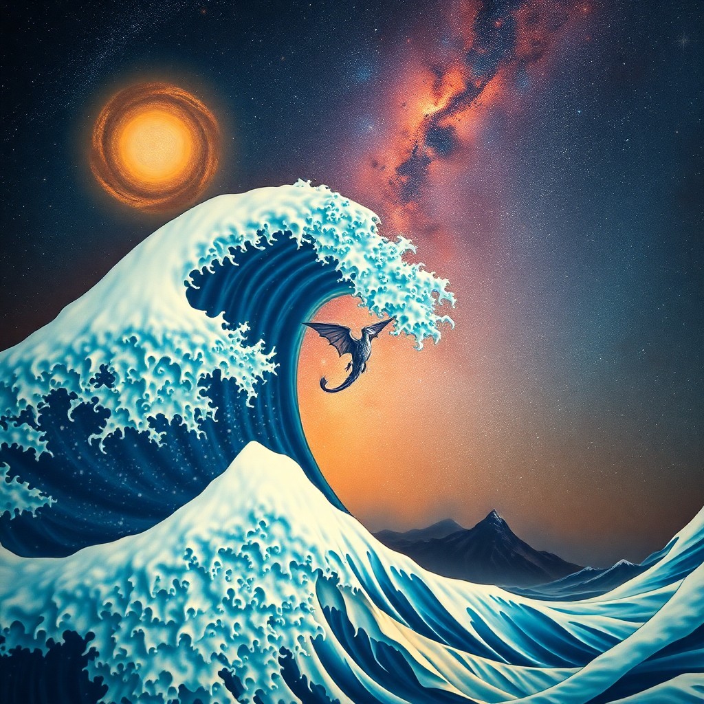 AI generated art for prompt: Visualize an awe-inspiring image blending the grandeur of Hokusai's oceanic waves with the surreal m