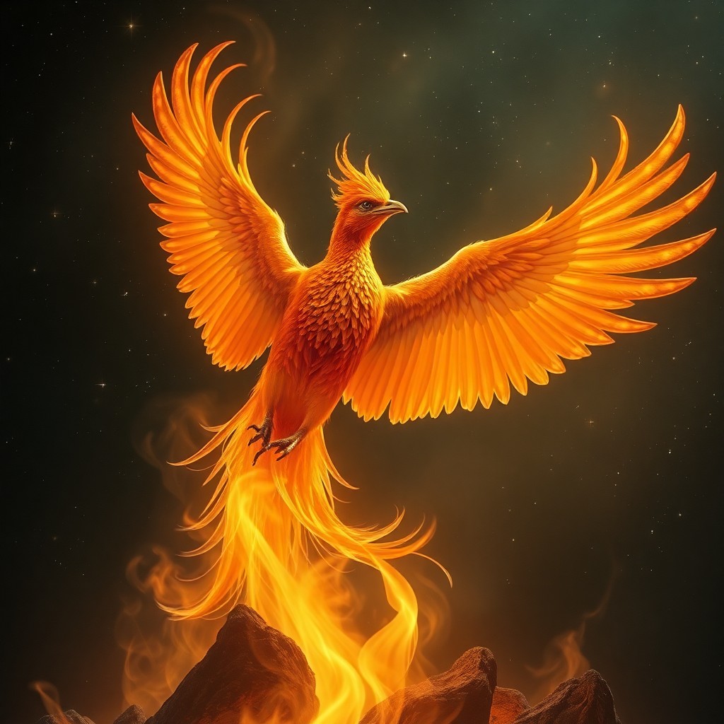 AI generated art for prompt: Craft an enchanting portrait reminiscent of Pre-Raphaelite art, depicting a majestic phoenix emergin