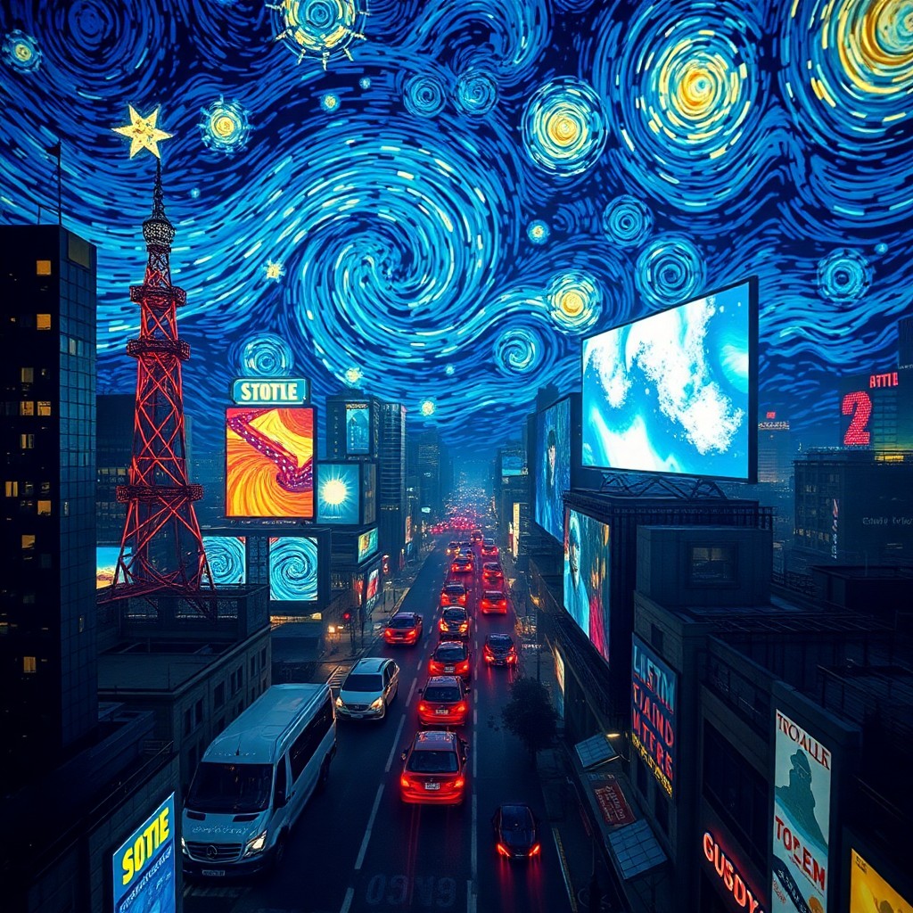 AI generated art for prompt: Craft an image that merges the dynamic, textured style reminiscent of Vincent van Gogh's Starry Nigh