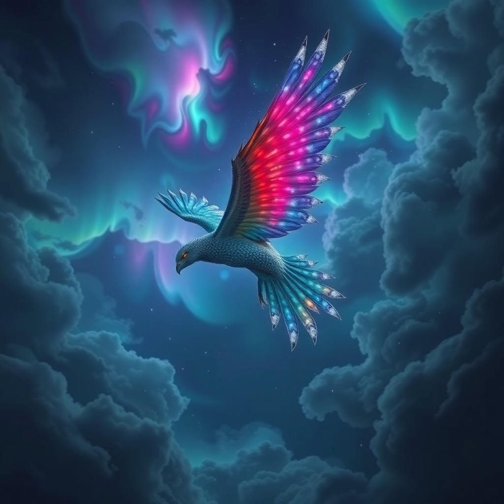 AI generated art for prompt: A magnificent mythical creature with shimmering feathers ascends through an atmospheric sky filled w