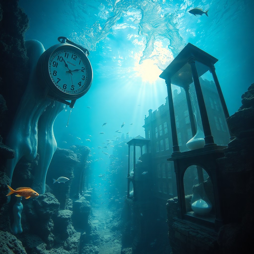 AI generated art for prompt: A surreal underwater scene unveils a sunken city where time has seemingly stopped and melded with th