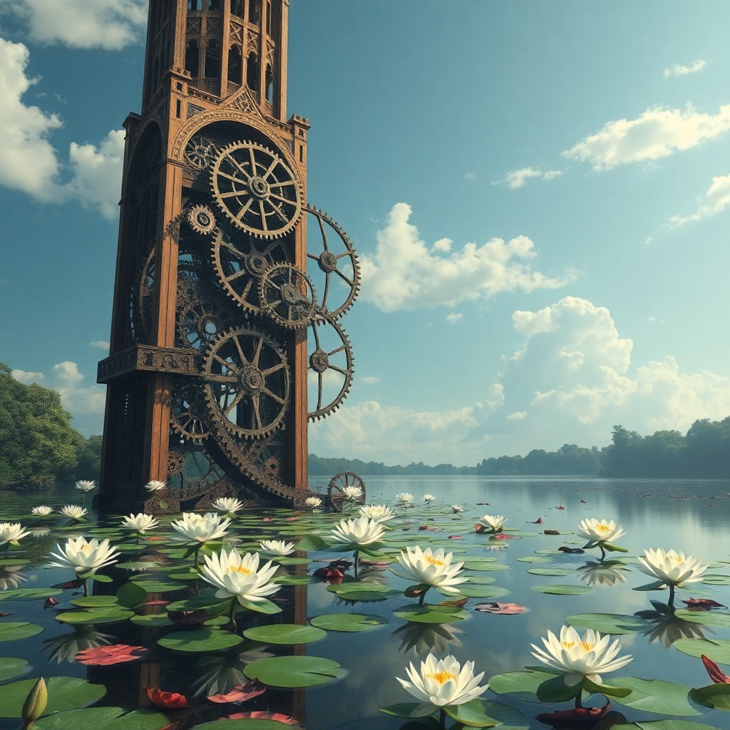 AI generated art for prompt: Imagine a surreal digital artwork where a towering tower rises from an idyllic water garden, its int