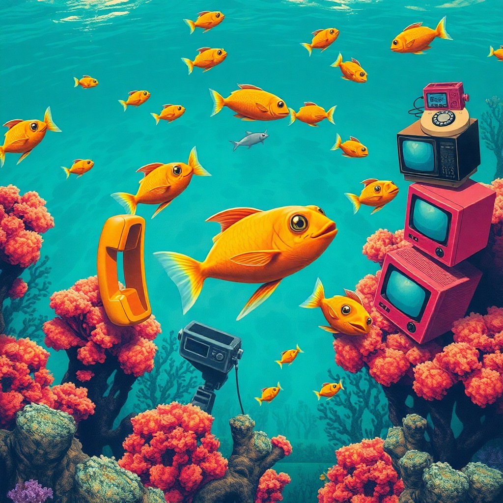 AI generated art for prompt: Create an image in the vibrant style of pop art collage, depicting a surreal underwater scene where 