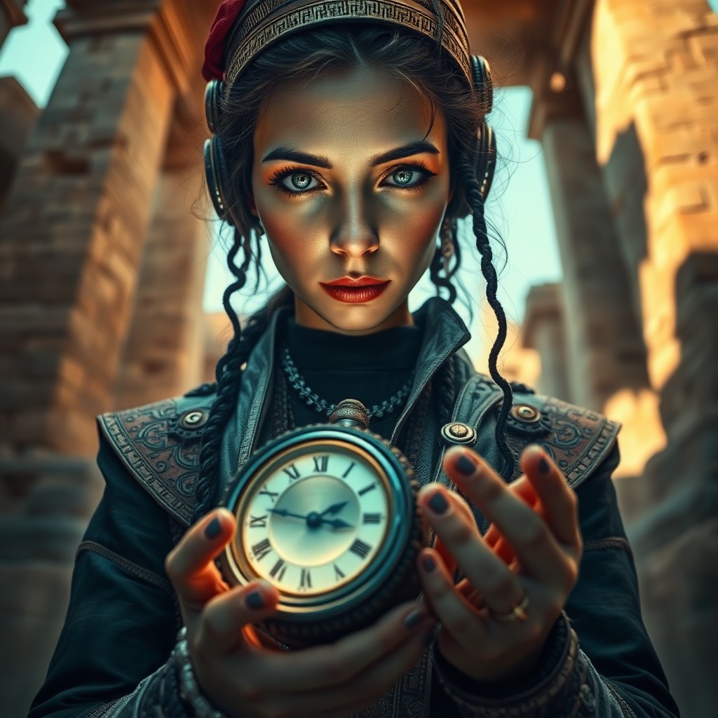 AI generated art for prompt: A vivid portrait showcases an archaeologist entwined in time-travel, her attire exuding steampunk fl