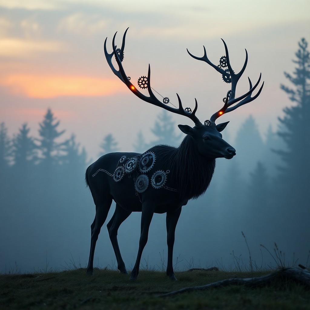 AI generated art for prompt: A whimsical gothic image depicting an ethereal stag standing alone in a misty forest clearing at dus