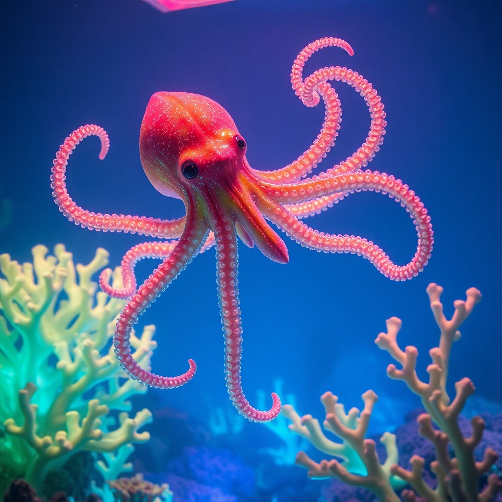 AI generated art for prompt: Craft an enchanting underwater tableau where a mysterious cephalopod-like entity with shimmering lim