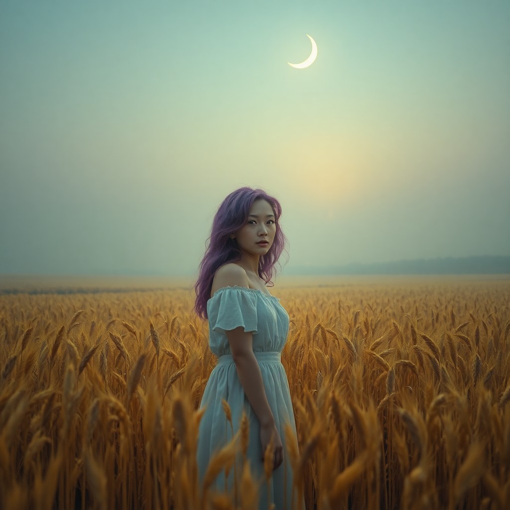 AI generated art for prompt: Craft an image reminiscent of a dreamy impressionist scene, depicting a young woman with vivid purpl