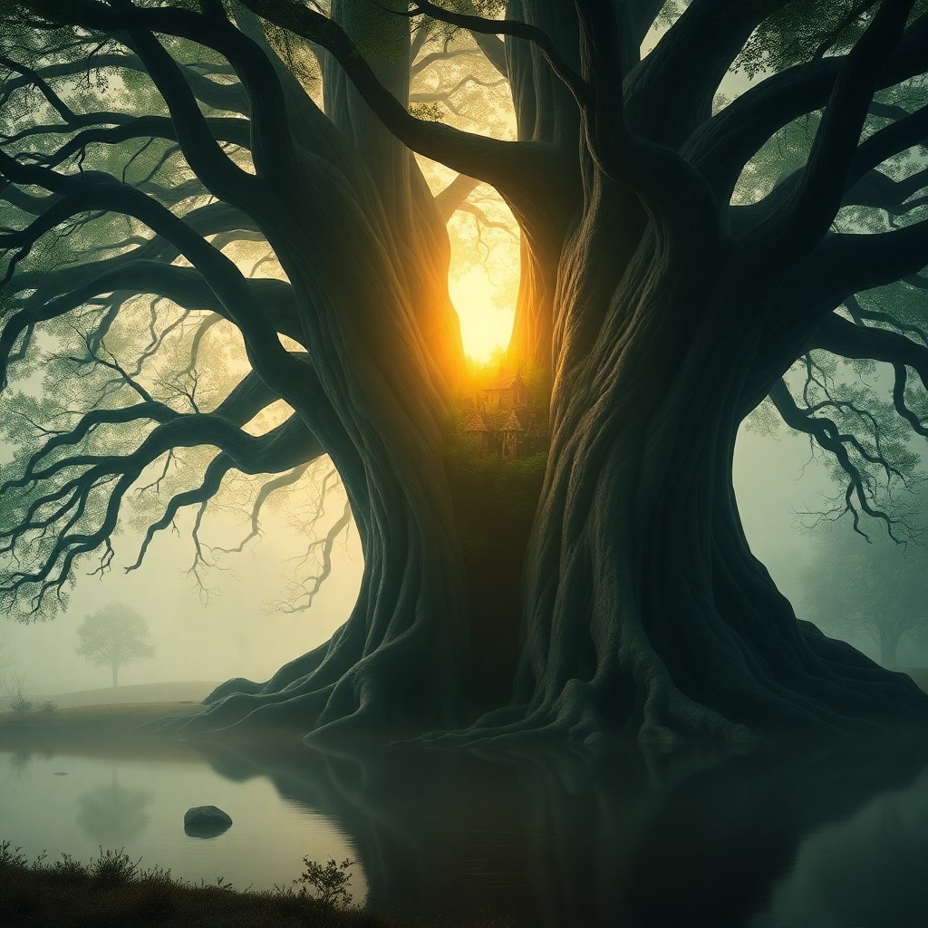 AI generated art for prompt: A captivating digital art composition showcasing an immense tree with ethereal roots extending into 