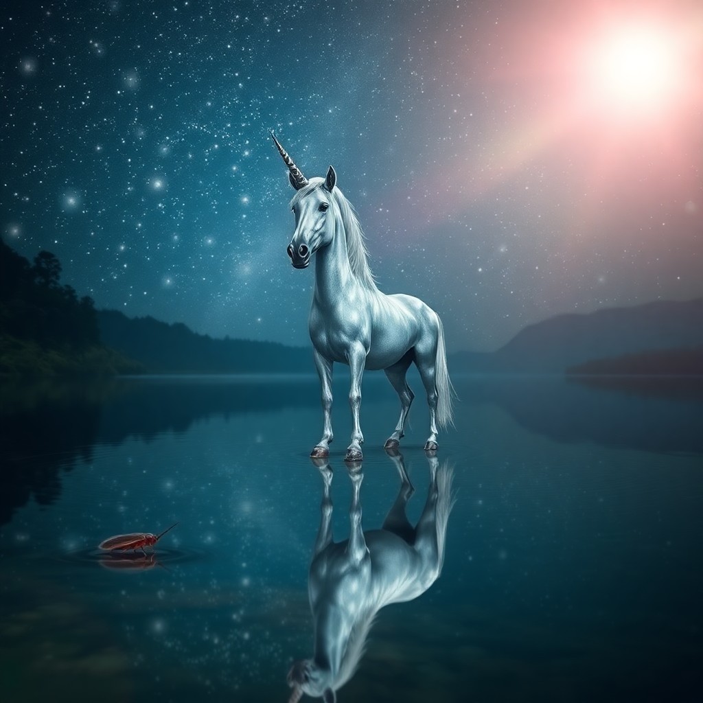 AI generated art for prompt: Imagine an enchanting scene reminiscent of surrealism, where a tranquil lake mirrors the starlit nig