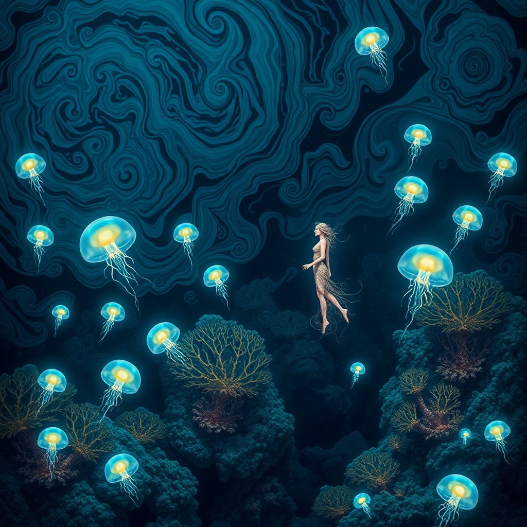 AI generated art for prompt: Envision an awe-inspiring underwater vista reminiscent of Ernst Haeckel's captivating illustrations,