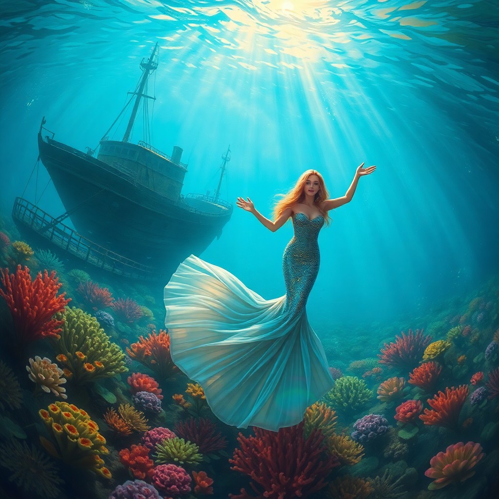 AI generated art for prompt: Envision an enchanting underwater world in the impressionistic style, where a regal mermaid elegantl