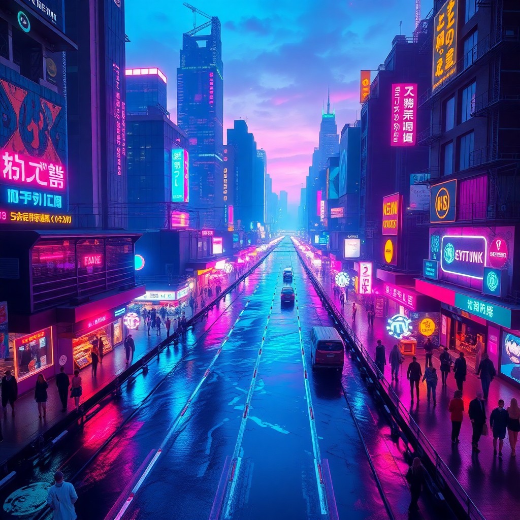 AI generated art for prompt: Picture a futuristic cityscape bathed in twilight hues, embodying the essence of cyberpunk art. The 