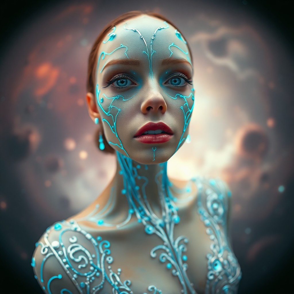 AI generated art for prompt: A portrait of a futuristic cyborg woman with intricate glowing blue circuitry veins on her porcelain