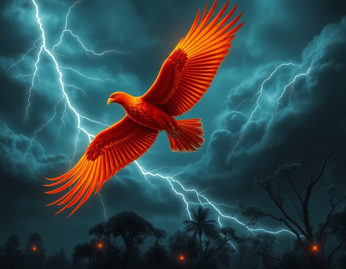 AI generated art for prompt: An awe-inspiring digital artwork showcases a resolute phoenix navigating through a tumultuous sky, i