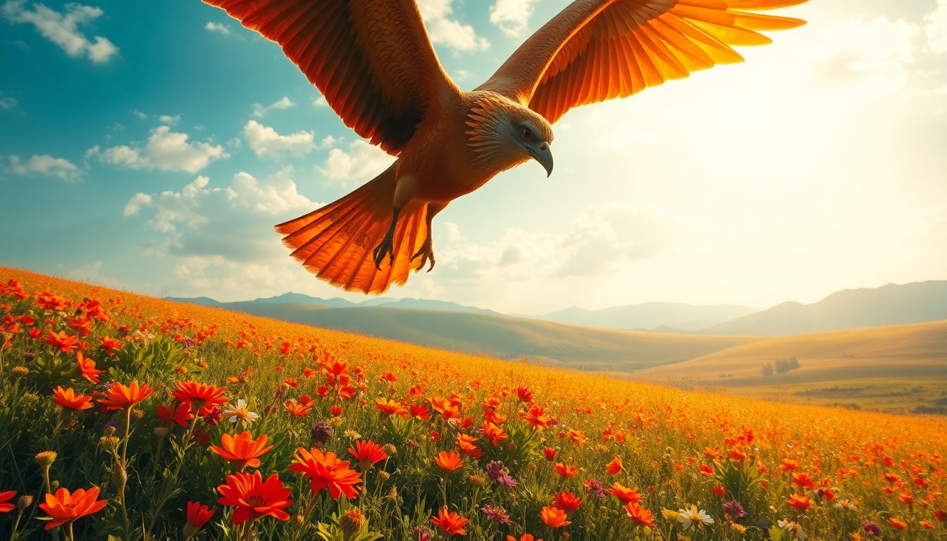 AI generated art for prompt: A majestic avian creature soars above a sprawling meadow brimming with vibrant wildflowers, captured