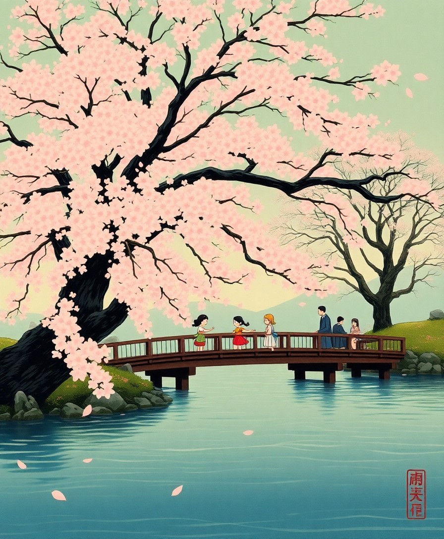 AI generated art for prompt: A tranquil landscape reminiscent of Japanese ukiyo-e woodblock prints showcases a stately cherry blo