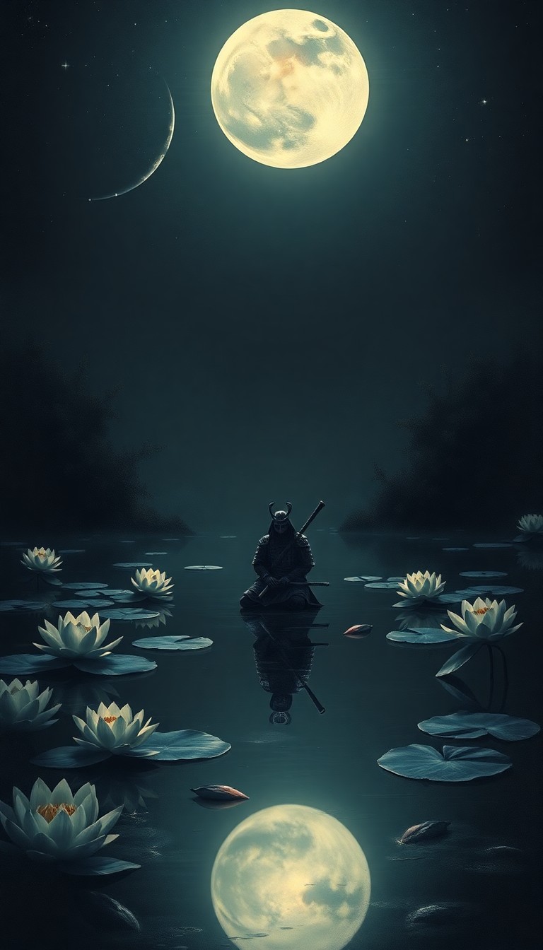 AI generated art for prompt: An image should depict a serene lotus pond reflecting a moonlit night sky with celestial bodies, vie