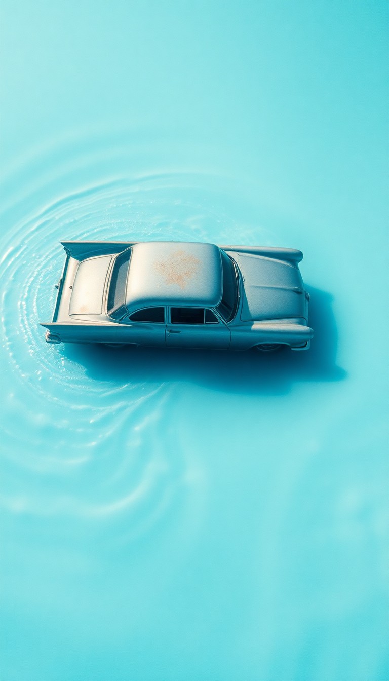 AI generated art for prompt: Envision a surreal dreamscape where a vintage 1950s car is submerged in an expansive, shallow pool o