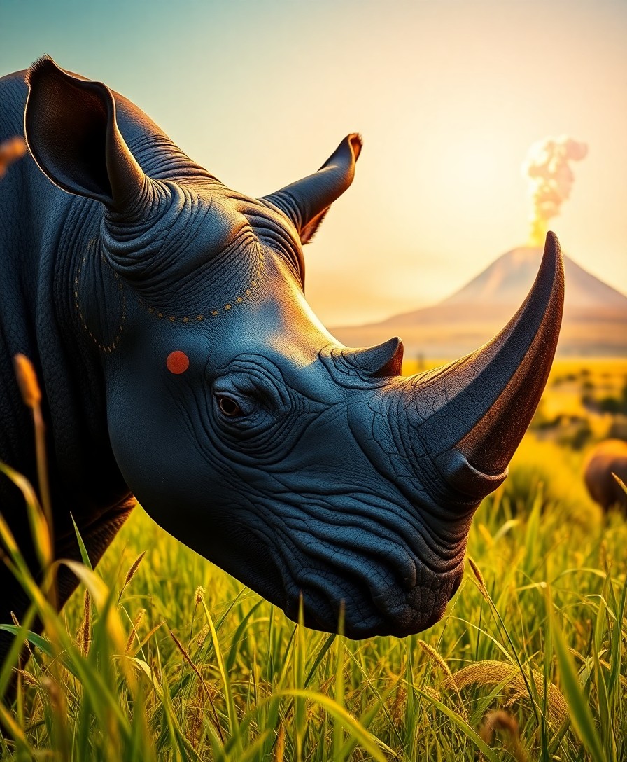 AI generated art for prompt: A close-up digital art portrait from an unusual perspective showcases a magnificent black rhinoceros