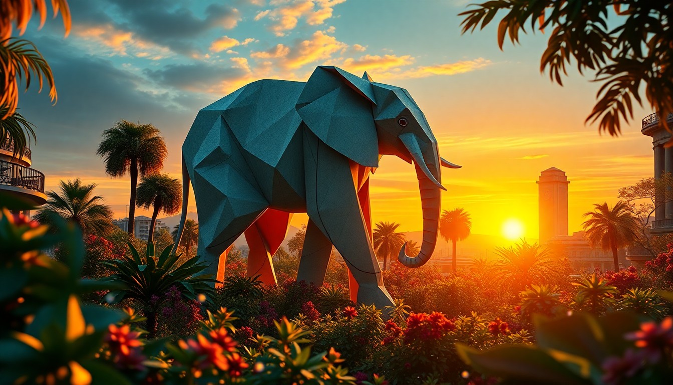 AI generated art for prompt: Visualize an elaborate digital artwork depicting a towering origami pachyderm standing proudly amids