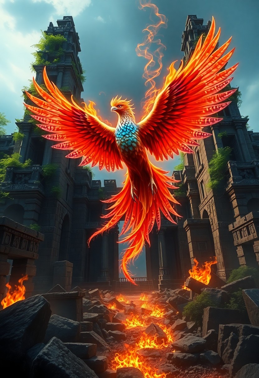 AI generated art for prompt: Imagine a mesmerizing digital artwork depicting an awe-inspiring phoenix emerging from the ruins of 