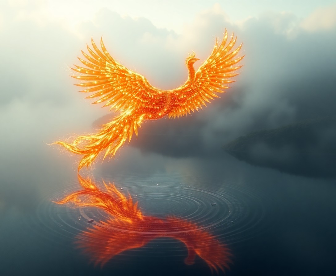 AI generated art for prompt: Visualize an alluring surrealist digital artwork where a magnificent phoenix composed of brilliant, 