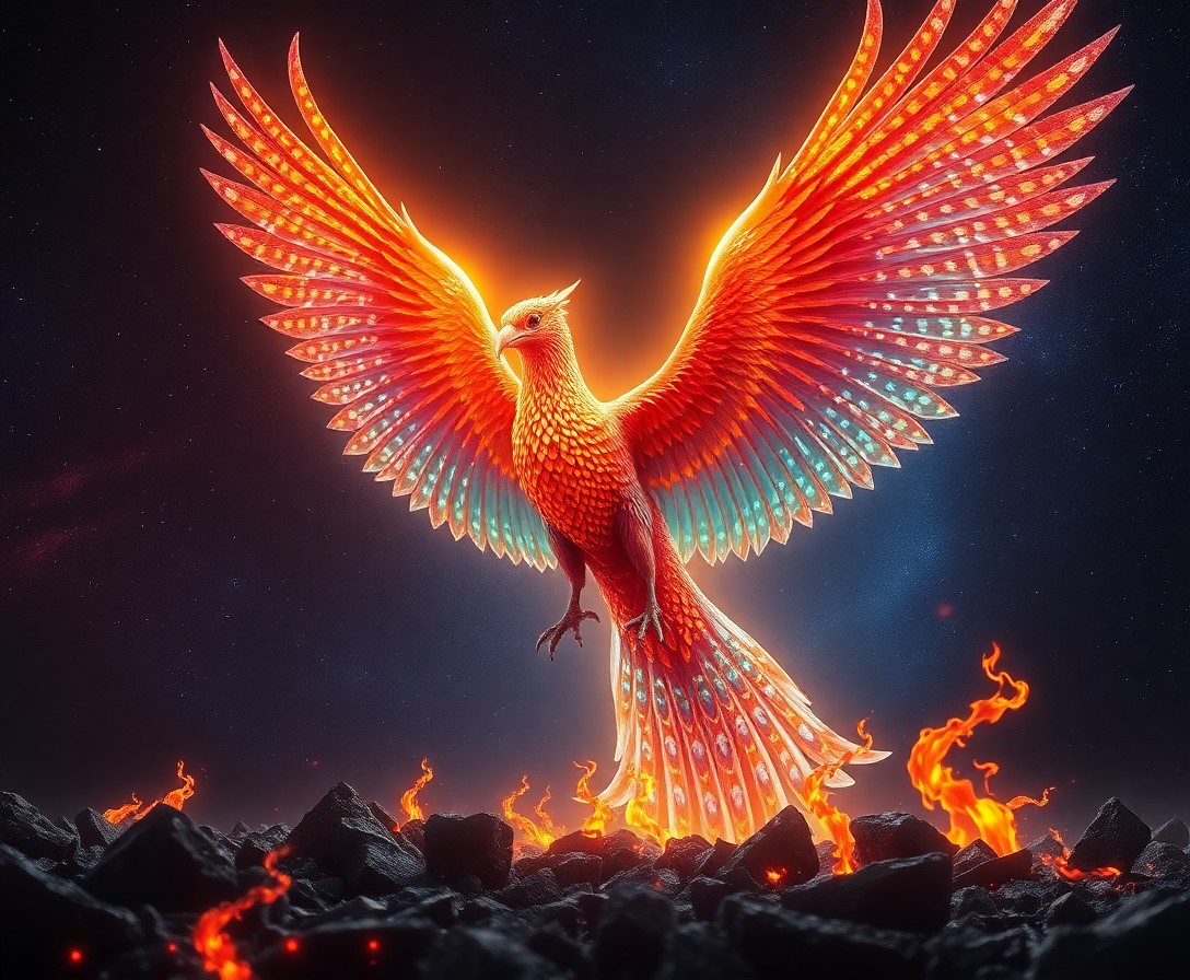 AI generated art for prompt: Imagine a surreal digital artwork showcasing an awe-inspiring phoenix emerging from fiery remnants i