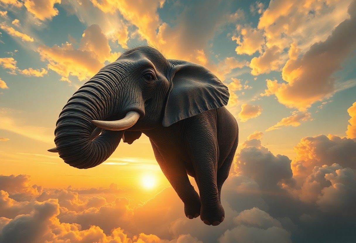 AI generated art for prompt: A surreal digital art piece depicting a majestic elephant soaring through a cloud-filled sky from an