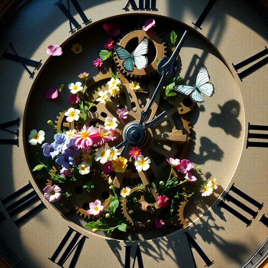 AI generated art for prompt: Craft an image reminiscent of surrealist art, portraying a close-up view of a clock face with a vibr