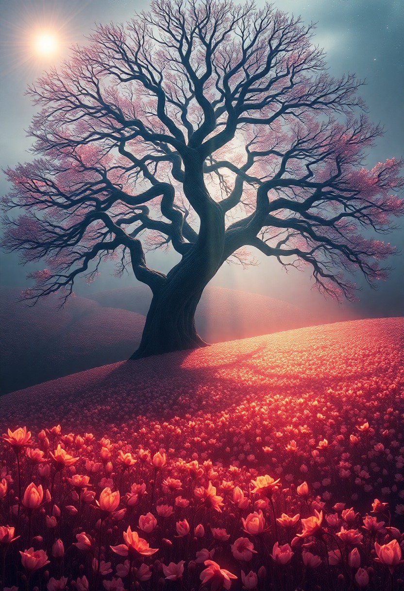 AI generated art for prompt: An enchanting digital art composition reveals an ethereal landscape where a grand, venerable tree to